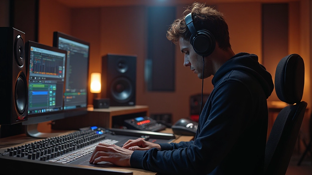 Moderne Musikproduktion im Studio mit digitalen Geräten und Kopfhörern