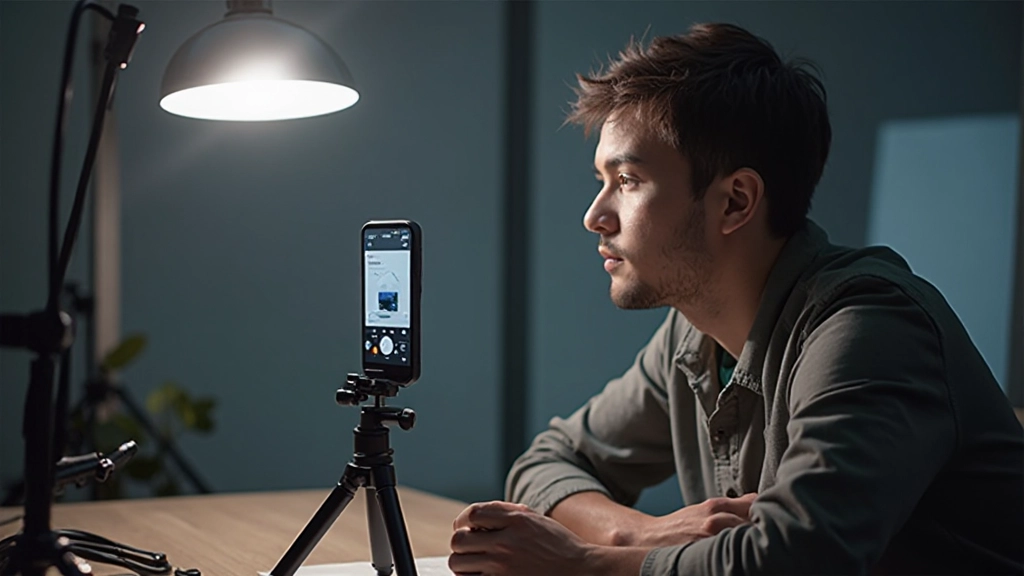 Influencer erstellt Video-Inhalte mit professionellem Smartphone-Setup und Ring-Licht im Studio
