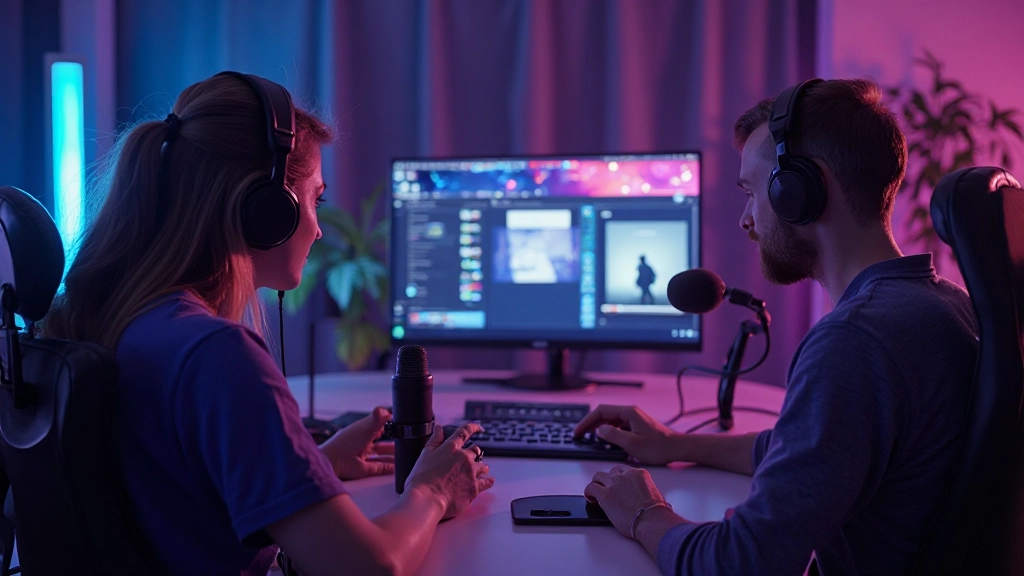 Professionelle Fotografie von mehreren Menschen, die konzentriert auf Bildschirme schauen und Streaming-Content mit professionellem Licht-Setup produzieren, moderne Studio-Umgebung ohne Text