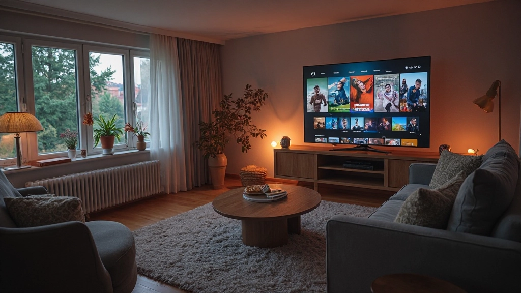 Österreichisches Wohnzimmer mit großem Fernseher, auf dem Netflix-Startbildschirm angezeigt wird, gemütliche Couch, warmes Licht, kein Text auf Bildschirm