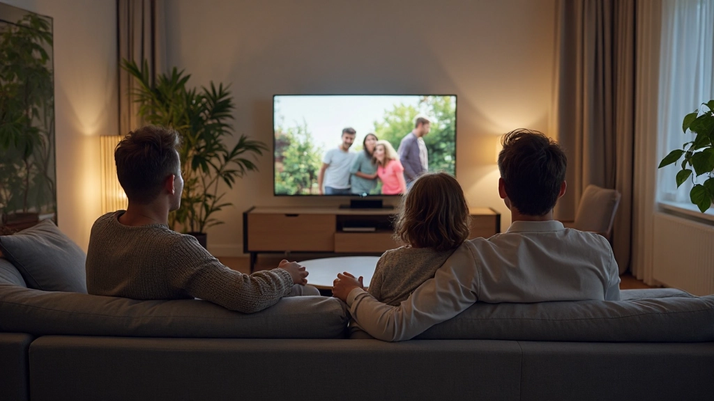 Moderne Wohnzimmer-Unterhaltungszentrum mit mehreren Streaming-Geräten und Fernseh-Bildschirm