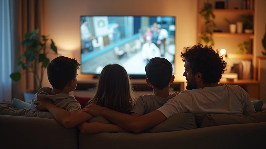 Familie schaut gemeinsam digitale Inhalte auf großem Bildschirm