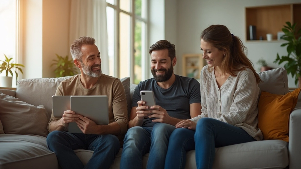 Österreichische Familie nutzt mehrere Bildschirme gleichzeitig im Wohnzimmer