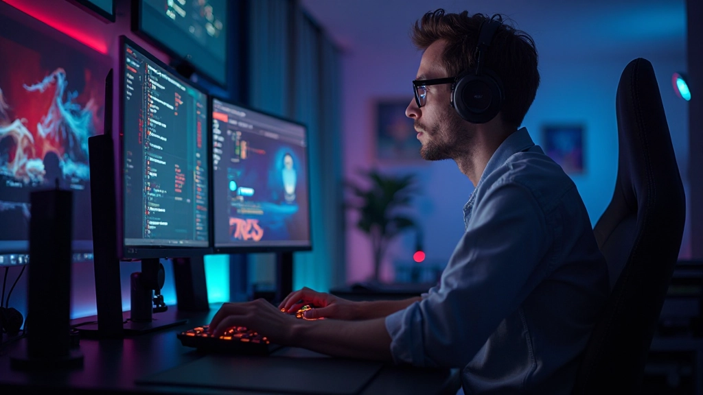 Professionelle Gaming-Setup mit mehreren Bildschirmen und Gaming-Zubehör in modernem Zimmer