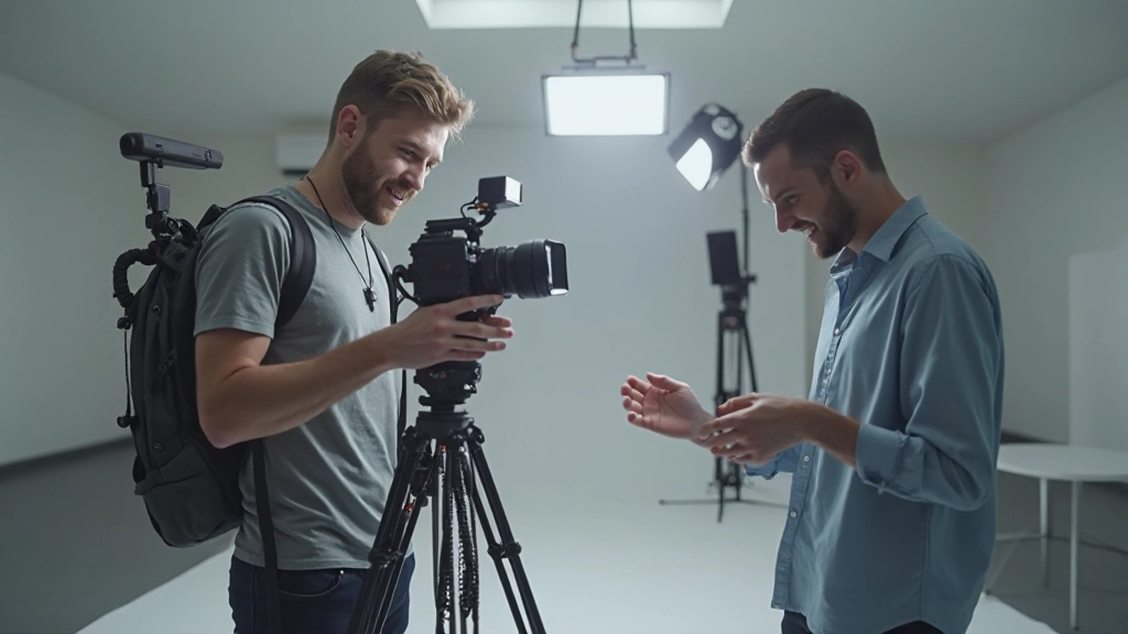 Österreichischer Content Creator beim Filmen mit professioneller Ausrüstung in modernem Studio-Setting, zwei Hände sichtbar, klares Gesicht, natürliche Beleuchtung von oben, kein Text oder Wasserzeichen