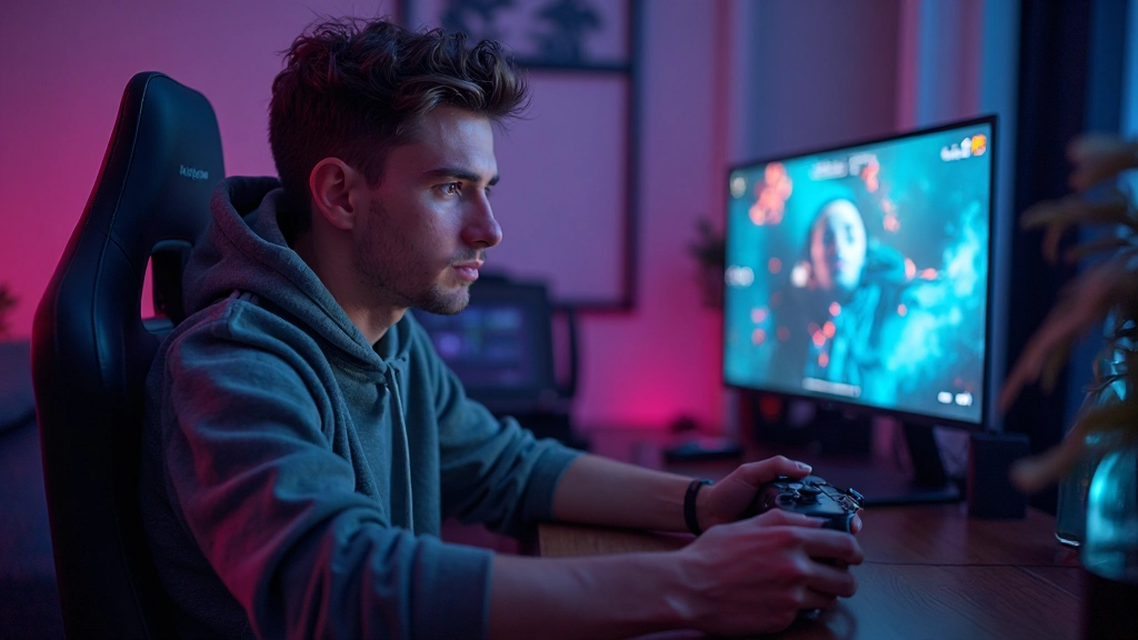 Gamer spielt mit Controller am Gaming-Monitor